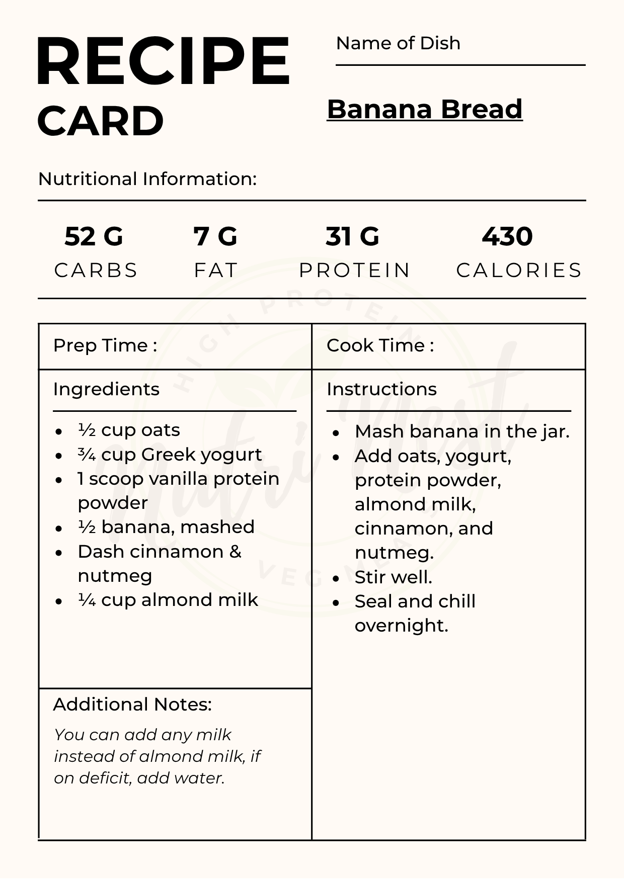 Banana bread recipe card with nutritional information, ingredients, and preparation instructions.