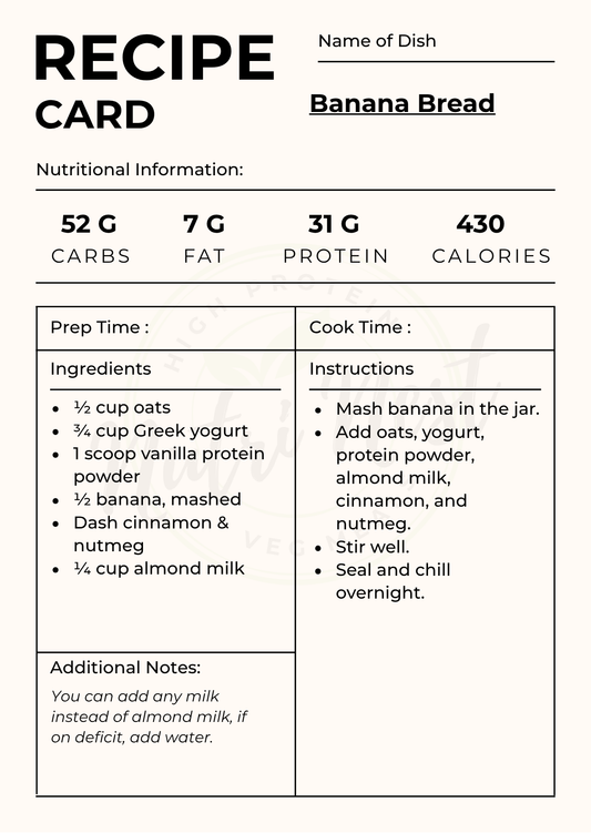 Banana bread recipe card with nutritional information, ingredients, and preparation instructions.